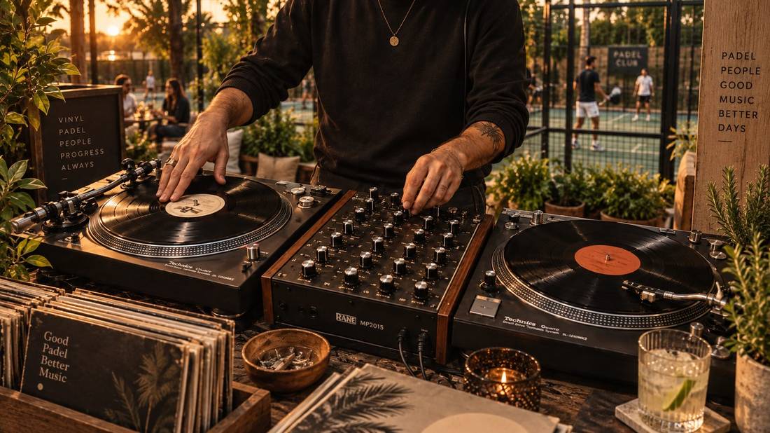 Two Technics SL-1210MK2 turntables either side of a Rane MP2015 rotary mixer, padel courts behind at sunset
