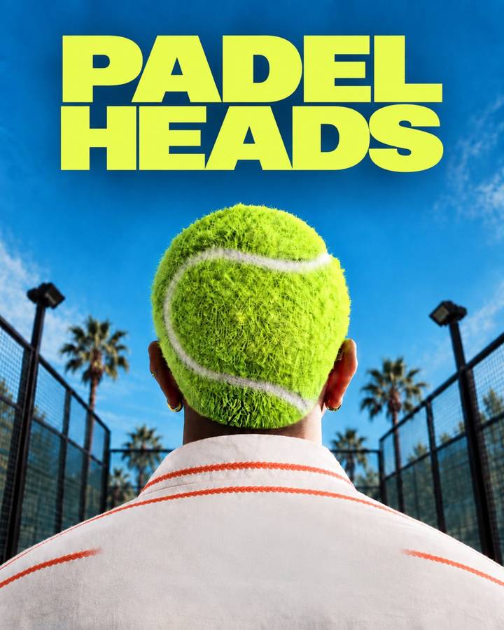Padel Heads poster: a person with a tennis-ball head facing a padel court