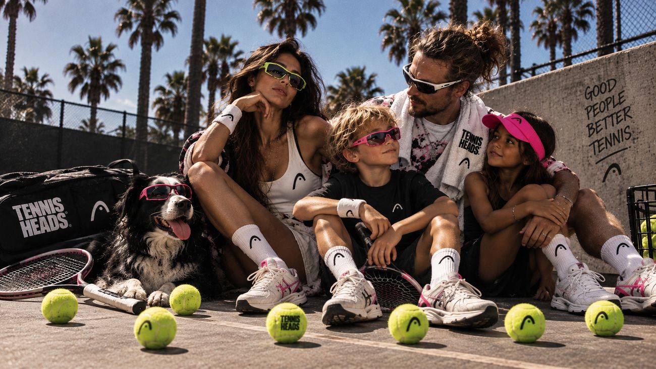 A family courtside after playing: two parents, two children and a dog, rackets down, balls scattered across the court