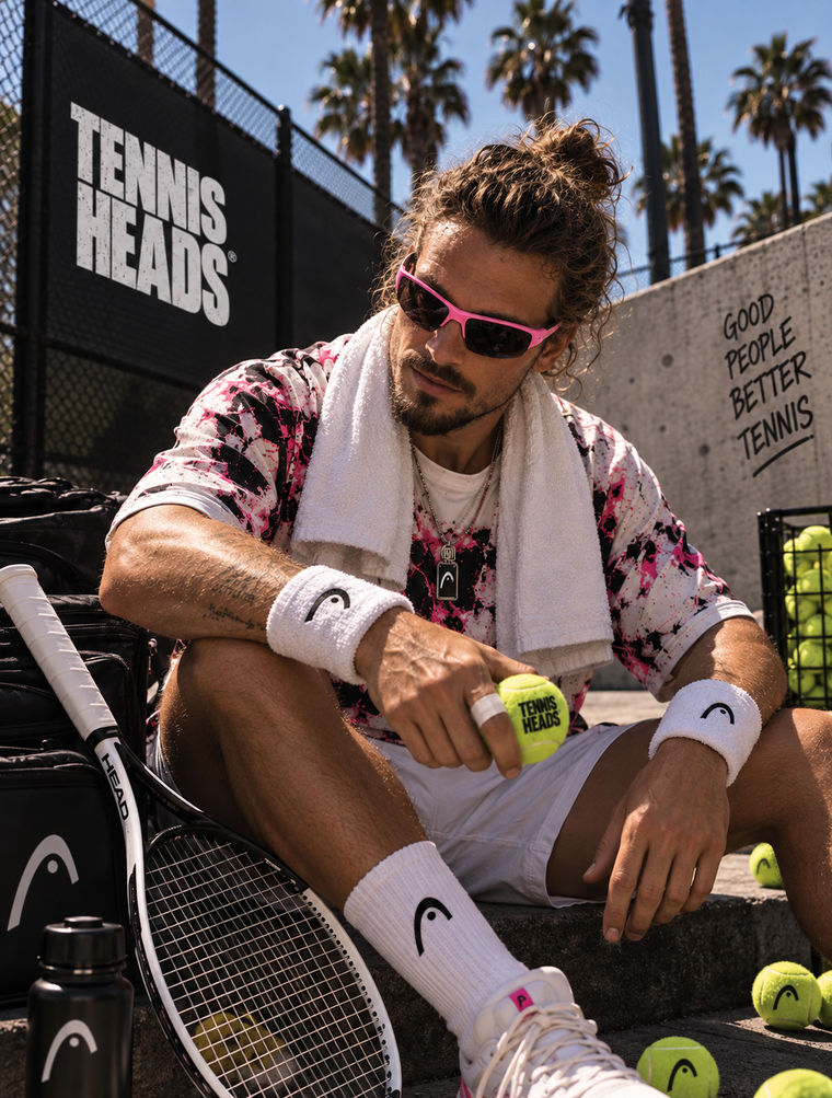 A Tennis Heads player sitting on the steps with a towel round his neck, turning a ball over in his hand